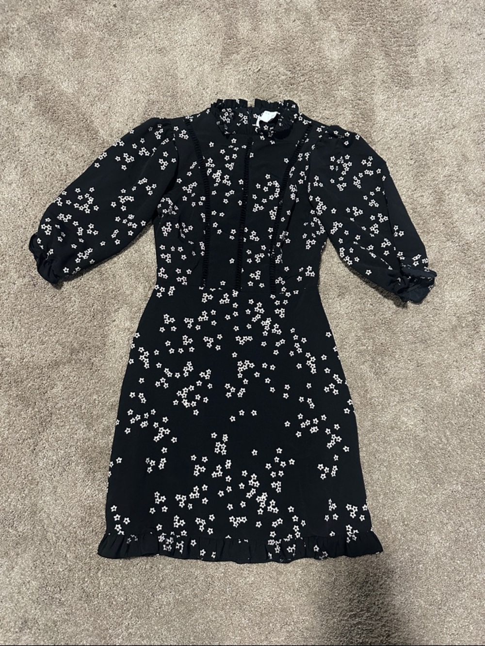 Black Floral Puff-Sleeve Midi Dress